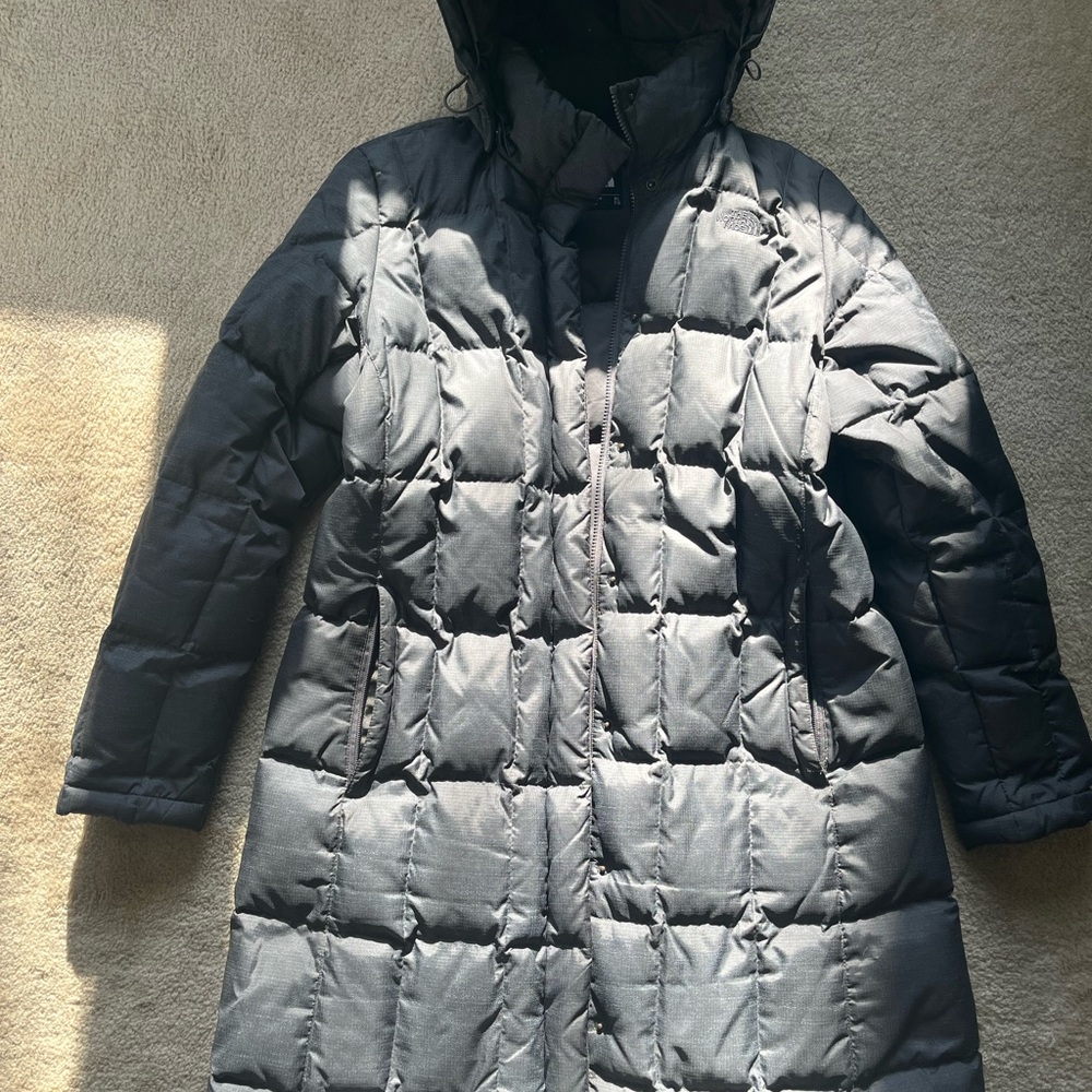 The North Face Gray 550 Long Puffer Down Coat Jacket Size XL Removable Hood euc